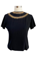 1980s Upcycled 1940s Renee Lewis Couture Hand Gold Embroidered Black Silk Crepe Top