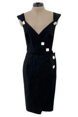 Gorgeous 1990s Yves Saint Laurent Black Cotton Wrap Dress w White Faceted Square Buttons