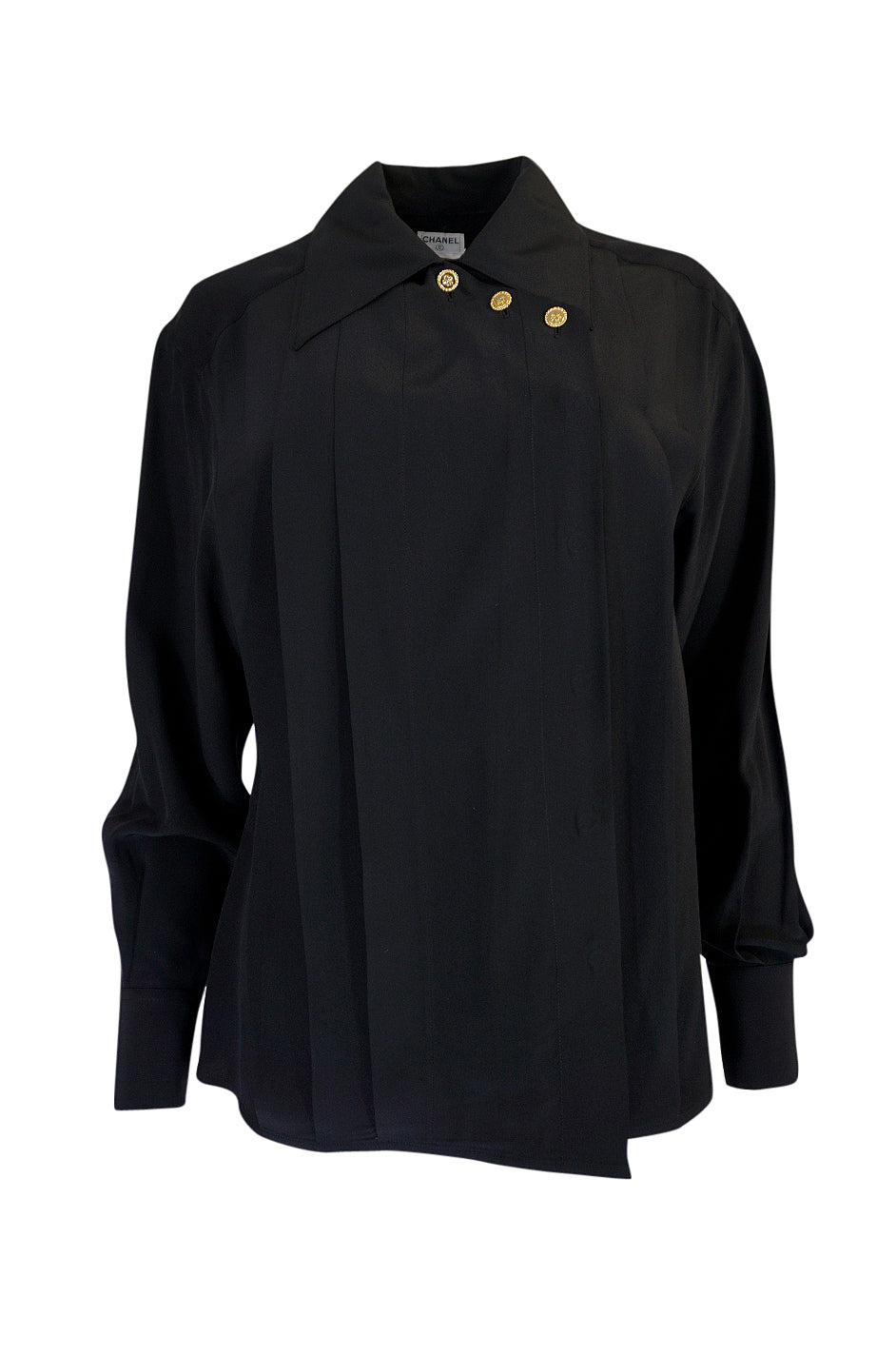 1980s Chanel Black Silk Top w 4 Leaf Clover Gold Buttons – Shrimpton Couture