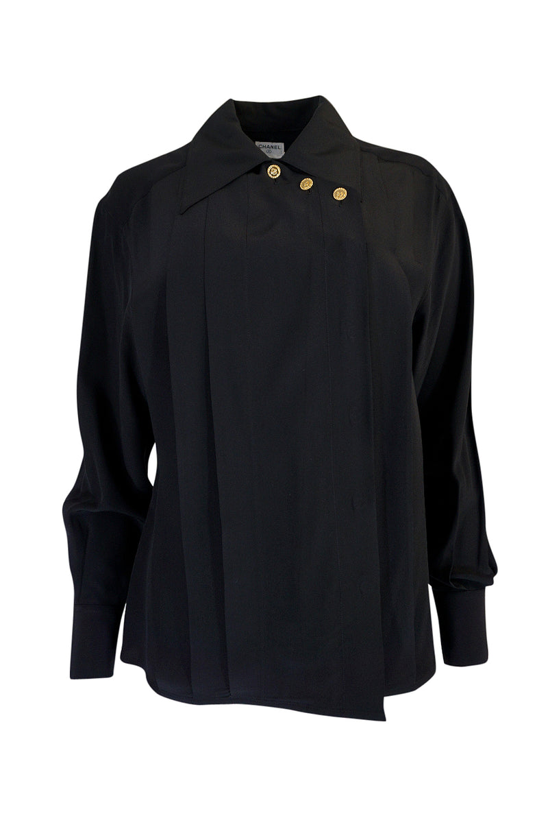 1980s Chanel Black Silk Top w 4 Leaf Clover Gold Buttons