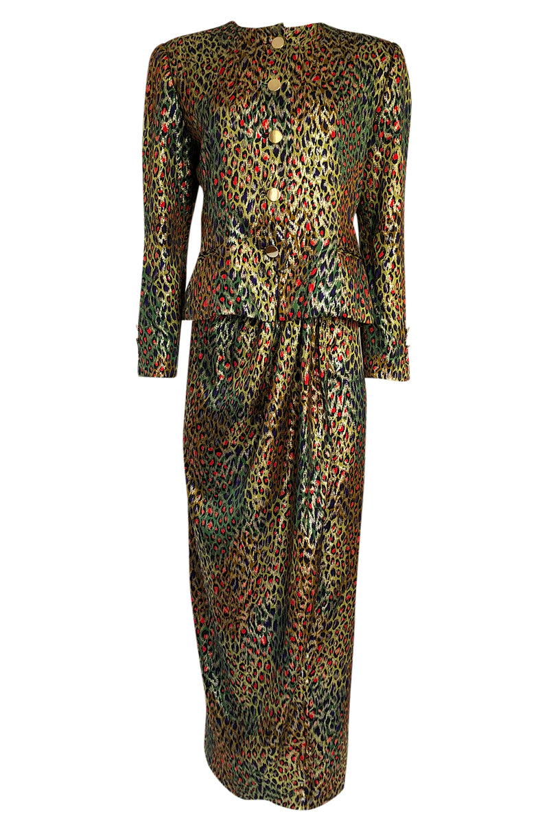 Fall 1989 Bill Blass Gold Silk Lame Leopard Evening Jacket & Skirt