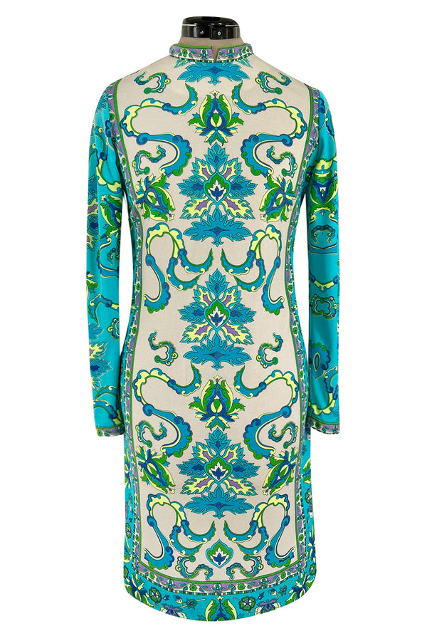 Gorgeous 1970s Mr. Dino Elaborate Print Mini Shift Dress in Turquoise & Yellows