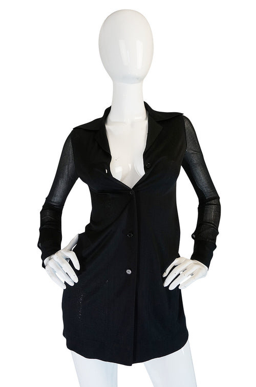 1970s Halston Black Nylon Jersey Sheer Top Cardigan