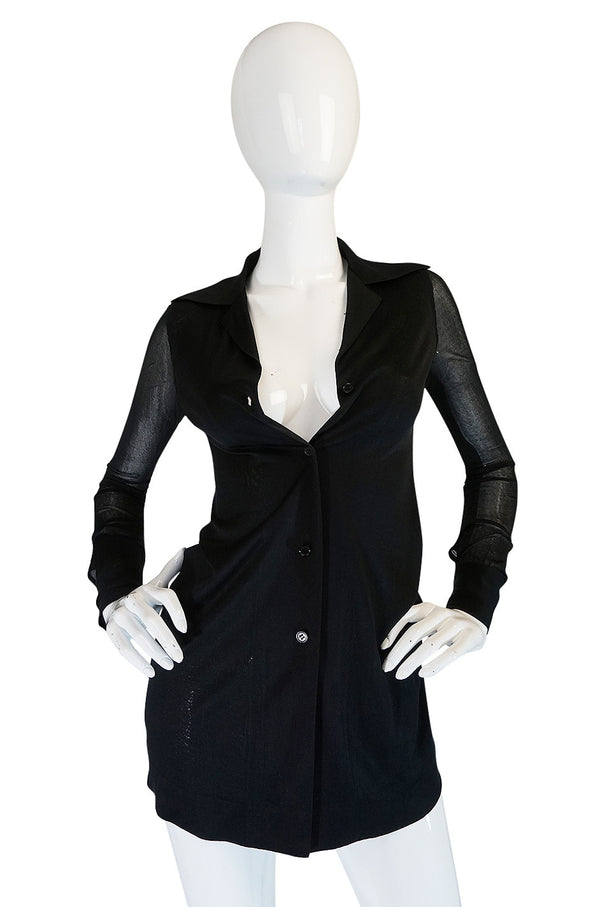 1970s Halston Black Nylon Jersey Sheer Top Cardigan