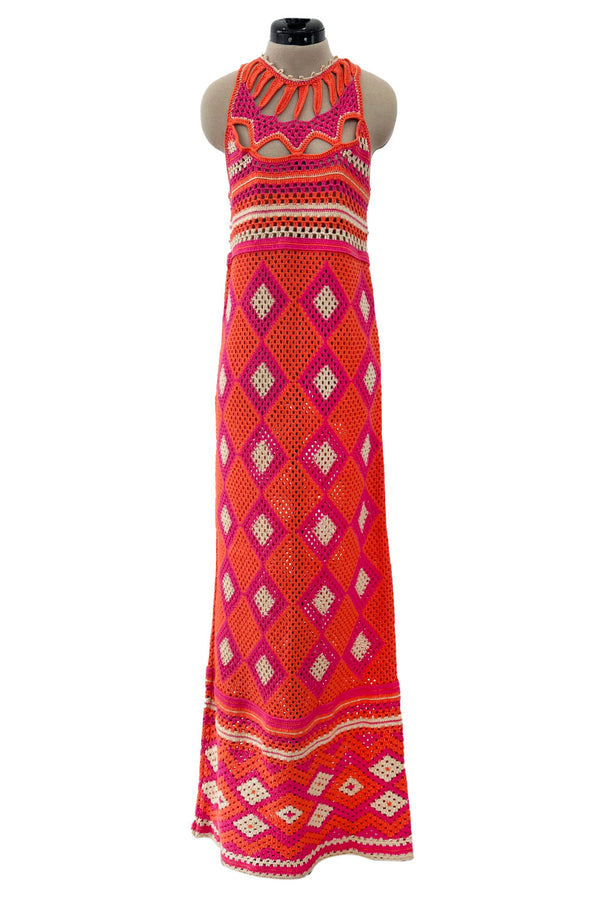 Prettiest Resort 2012 Christian Dior Hand Crocheted Pink & Orange Geometric Halter Dress