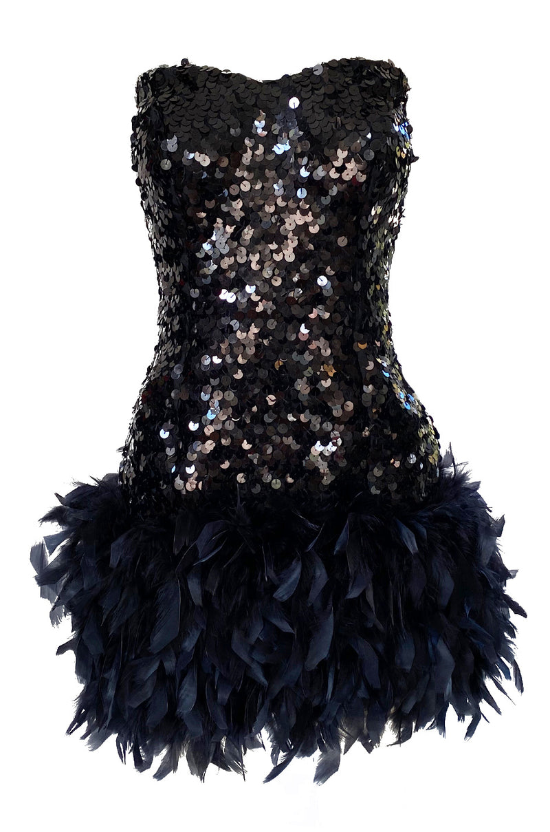 1970s Strapless Black Sequin Micro Mini Dress w Feather Hem Shrimpton Couture 1970s Strapless Black Sequin Micro Mini Dress w Feather Hem Shrimpton Couture