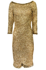 1960s Gene Shelly Gold Sequin w Paillette Detailing Stretch Knit Dress