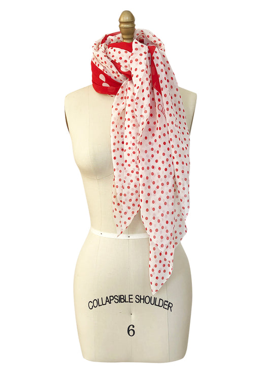 c.1978 Christian Dior Couture Huge Silk Chiffon Red & White Scarf