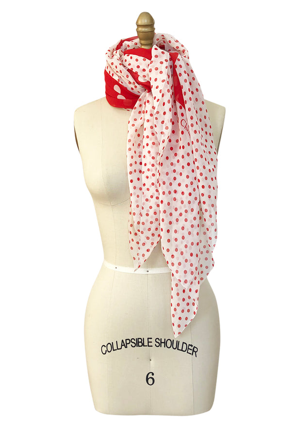 c.1978 Christian Dior Couture Huge Silk Chiffon Red & White Scarf