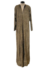 Fabulous 1970s Halston Metallic Gold & Black Lame Lurex Full Length Caftan Dress w Notched Neckline