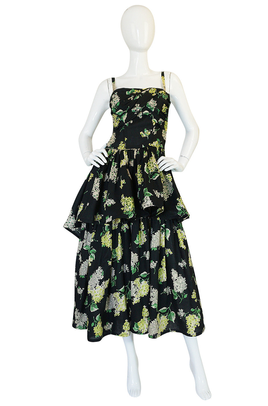 Late 1940s Sequin & Floral Print Cotton Voile Tiered Skirt Dress ...