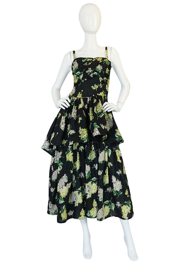Late 1940s Sequin & Floral Print Cotton Voile Tiered Skirt Dress
