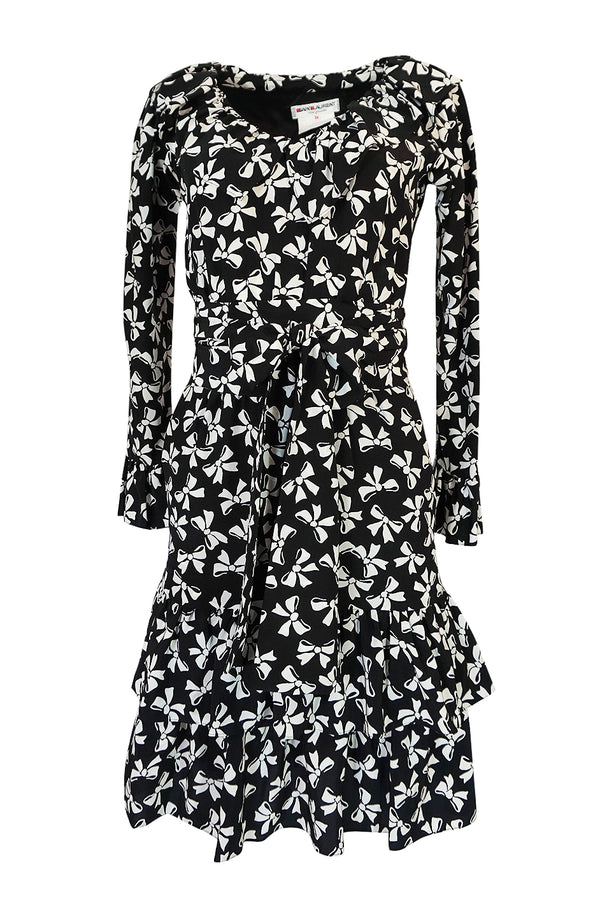 S/S 1987 Yves Saint Laurent Bow Print Silk Ruffle Dress