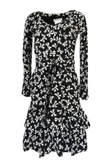 S/S 1987 Yves Saint Laurent Bow Print Silk Ruffle Dress