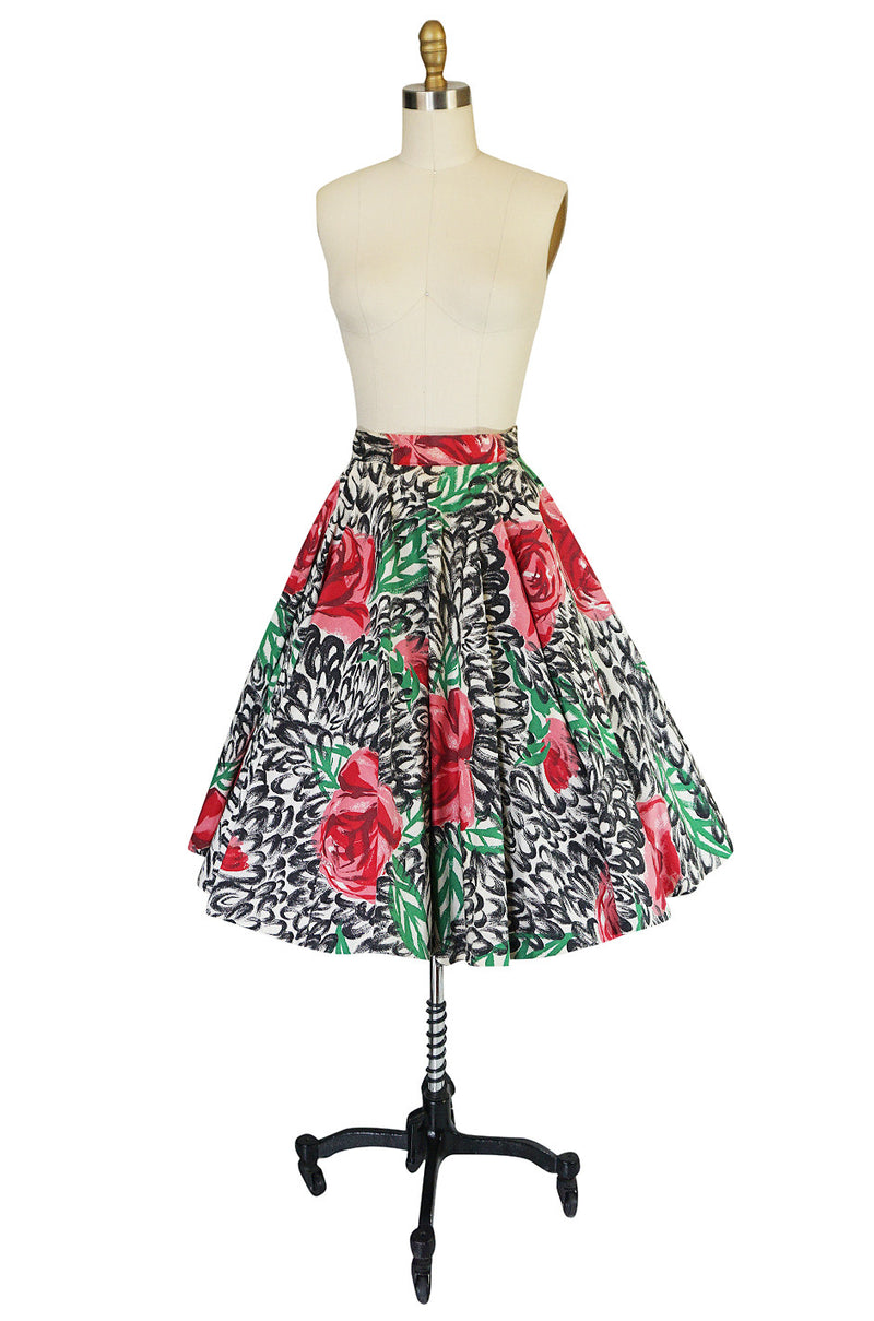 1950s Hand Painted Brilliant Rose Cotton Spiegel Skirt
