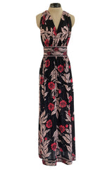 1960s Emilio Pucci Pink & Black Floral Printed Silk Jersey Halter Dress w Open Back