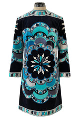 Gorgeous 1960s Emilio Pucci Velvet Dress in Ocean Blues & Classic Circle Print