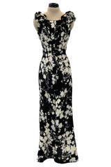 Prettiest 1930s Black & White Floral Print Bias Cut Silk Elaborate Ruffle Shoulder Dress
