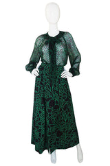 1980s Green Print Chanel Silk Top & Skirt