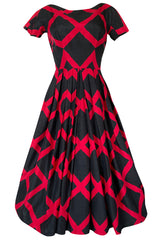 1950s Suzy Perette Black & Red Diamond Pattern Full Skirt Dress