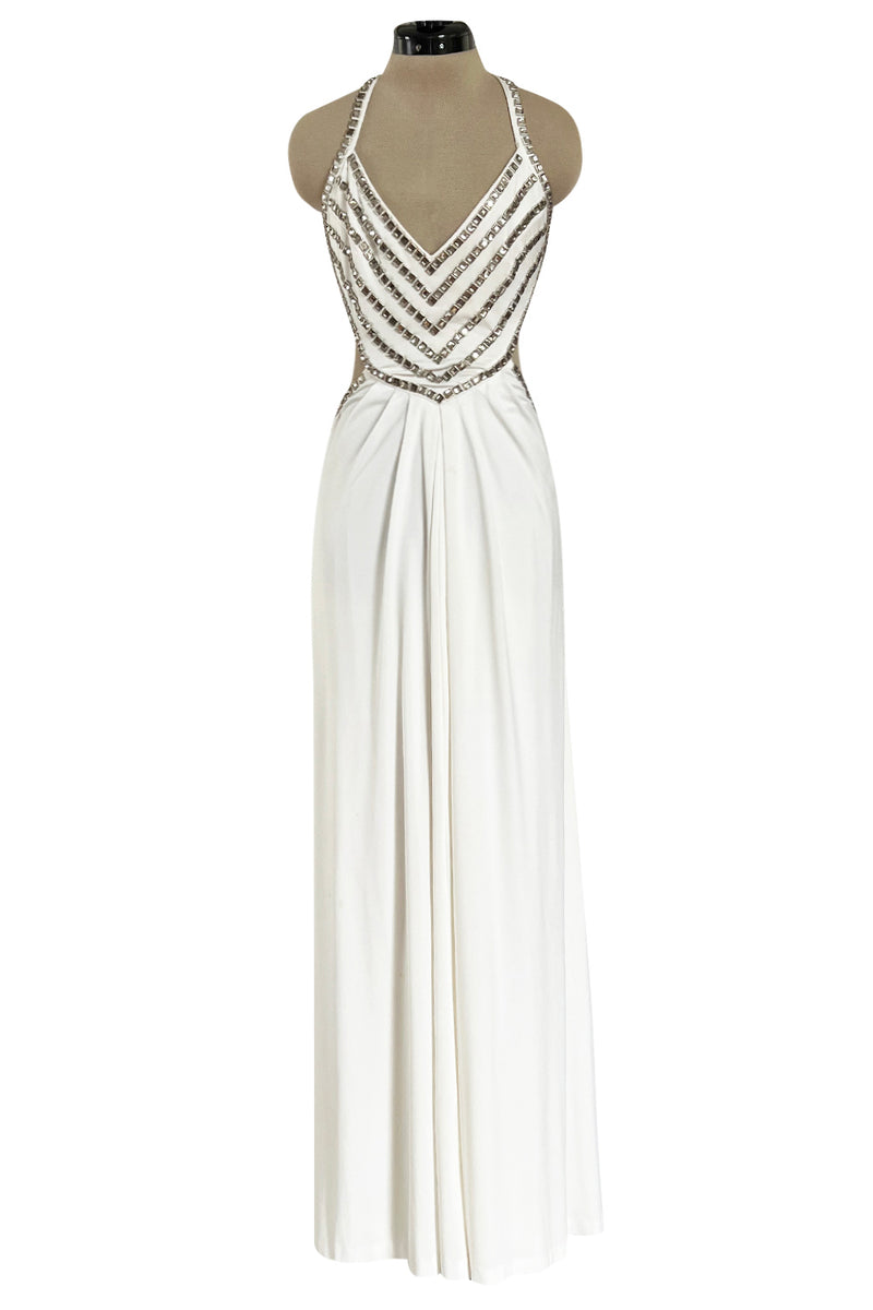 Stellar 1970s Luis Estevez Backless White Jersey Dress w Silver Studded Front