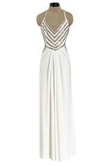 Stellar 1970s Luis Estevez Backless White Jersey Dress w Silver Studded Front