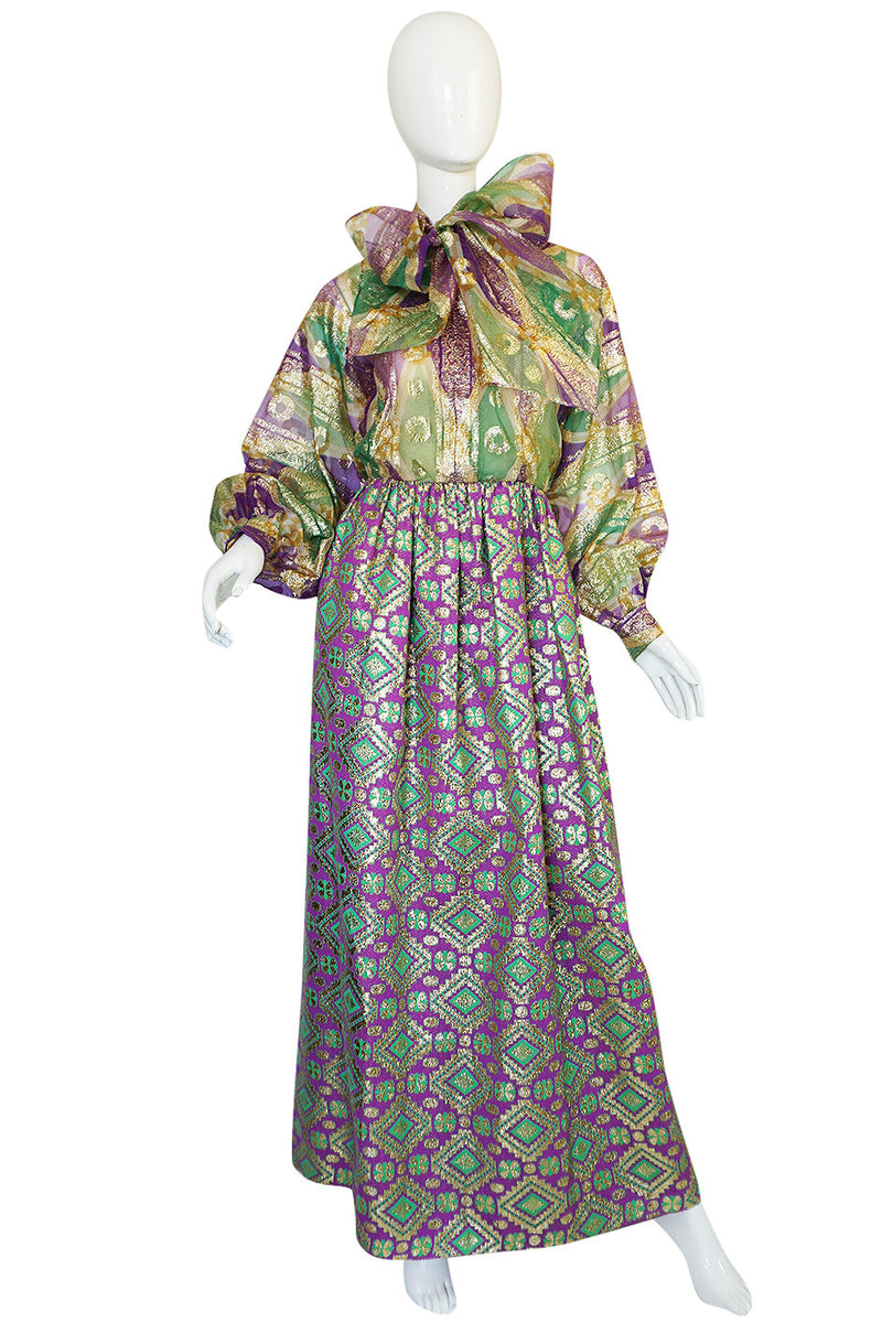 Bowed c1969 Oscar de la Renta Metallic Silk Hostess Dress