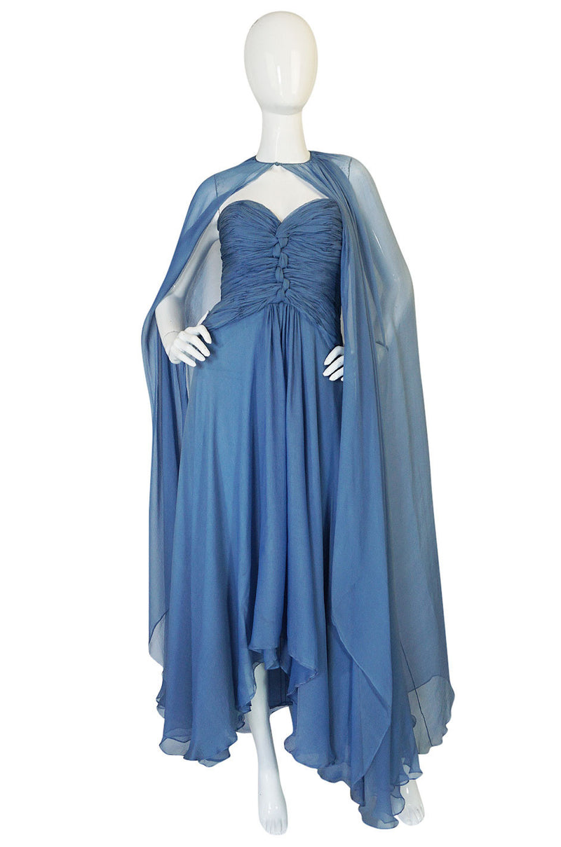Spring 1990 Oscar de la Renta Ice Blue Silk Chiffon Dress & Cape
