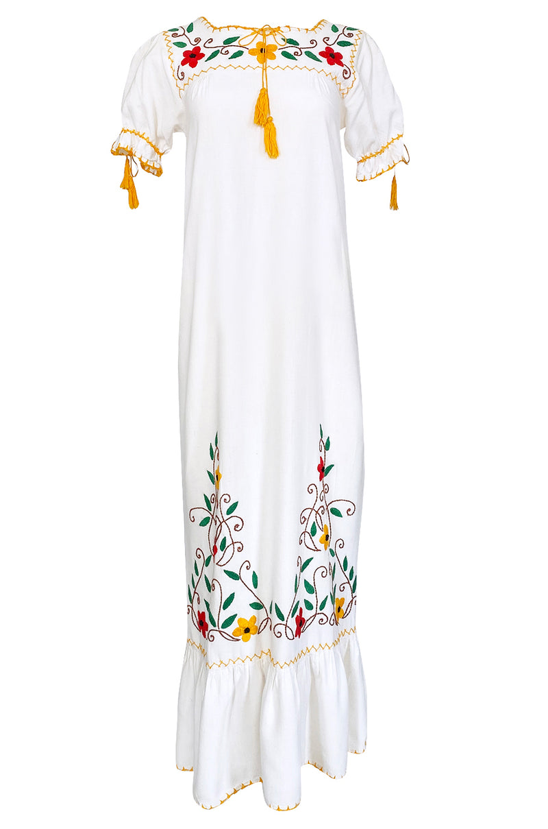 1950s Handmade Mexican Floral Embroidered White Cotton Dress – Shrimpton Couture
