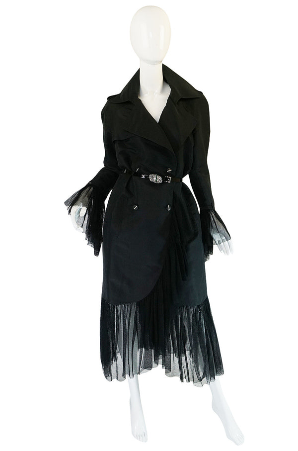2006A Chanel Black Silk Tulle Edged Trench Coat