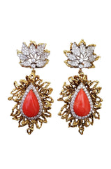1960s Coral Diamond Platinum Gold Ear Pendants