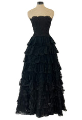Magnificent 1980s Arnold Scaasi Couture Strapless Tiered Black French Lace Dress
