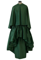 Rare 1977 Madame Gres Haute Couture Dress & Cape in a Deep Green Silk Taffeta