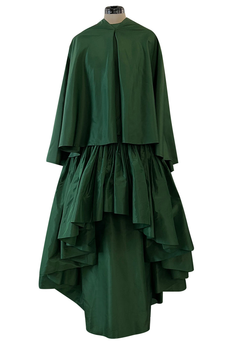 Rare 1977 Madame Gres Haute Couture Dress & Cape in a Deep Green Silk Taffeta
