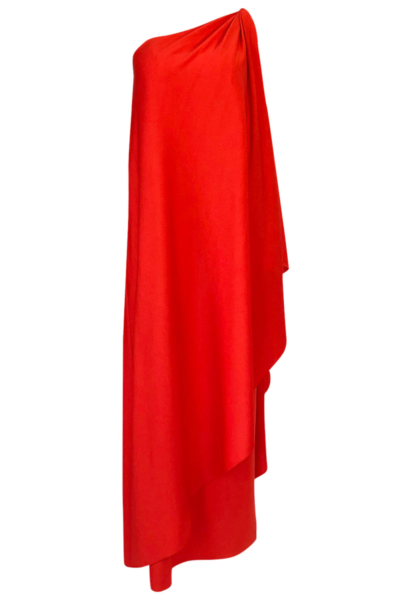 Documented 1978 Halston One Shoulder Red Draped Jersey Halston Dress