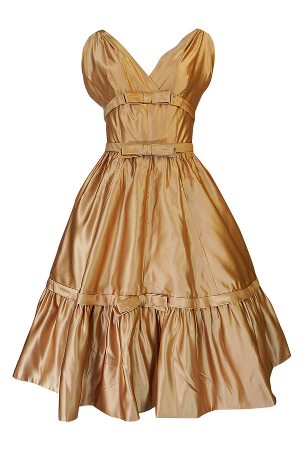c.1957 Christian Dior Demi-Couture Gold Bow Detailed Silk Dress