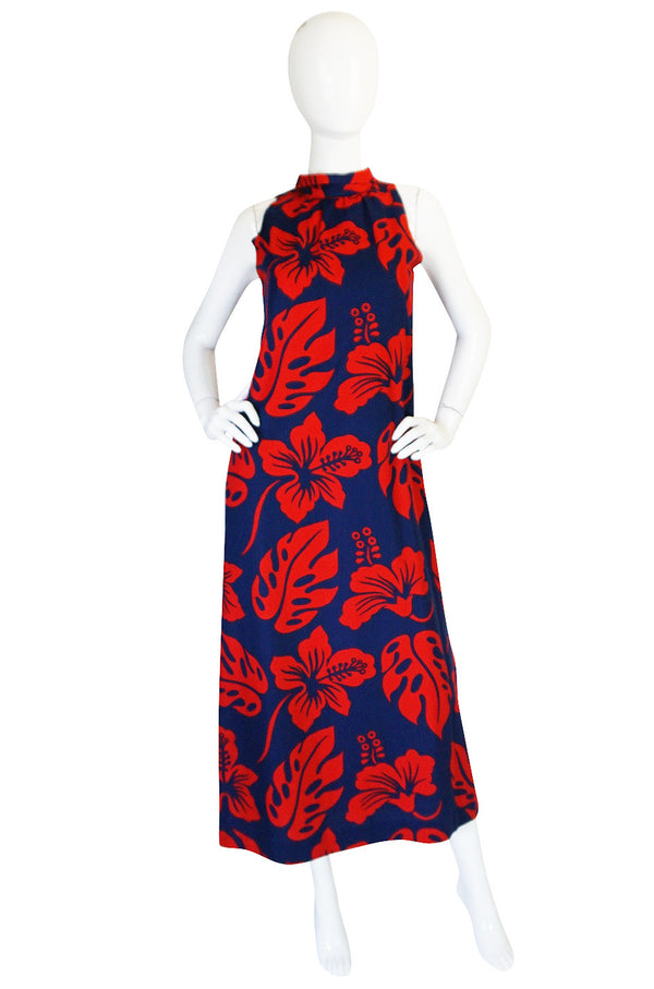 1960s Red & Blue Cotton Hawaiian Maxi Dress