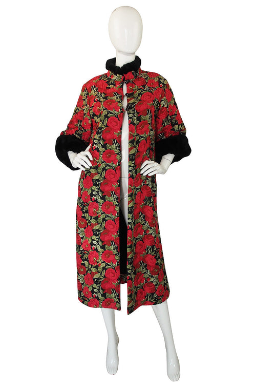 1970s Fur Trimmed Christian Floral Silk Dior Coat