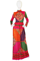 1970s Supermodel Length Brilliant Print Maxi Dress