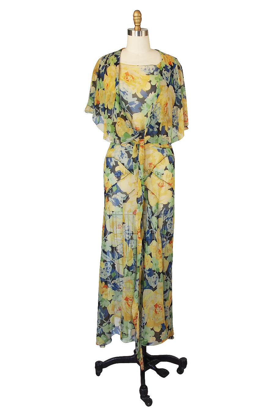 1920s silk chiffon dress Chiffon 1920s day dress in light blue print with tiered skirt