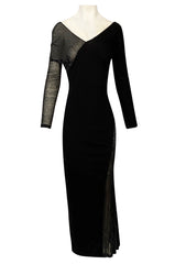 Fall 1997 Halston Black Bias Cut Jersey Dress w Transparent Beaded Net Panel