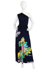 1970s Unlabelled Mac Tac Printed One Shoulder Navy Dress