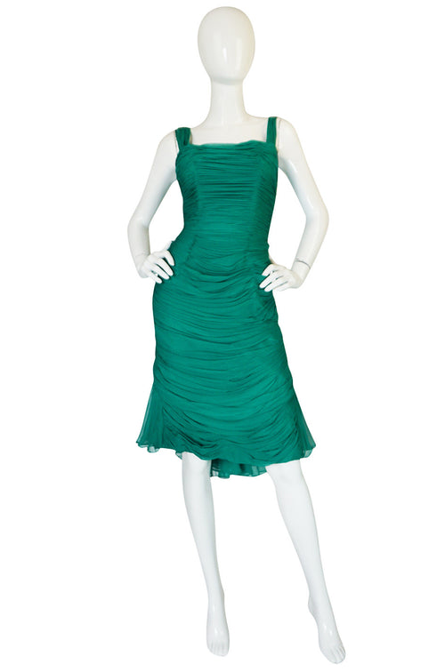 Rare c1958 Jean Desses Green Silk Elaborate Pleat Dress