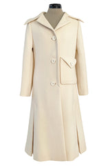 Fabulous 1960s Galanos Ivory Wool Tailored Coat w Front Pocket Detail & Arrow Stitched Seams