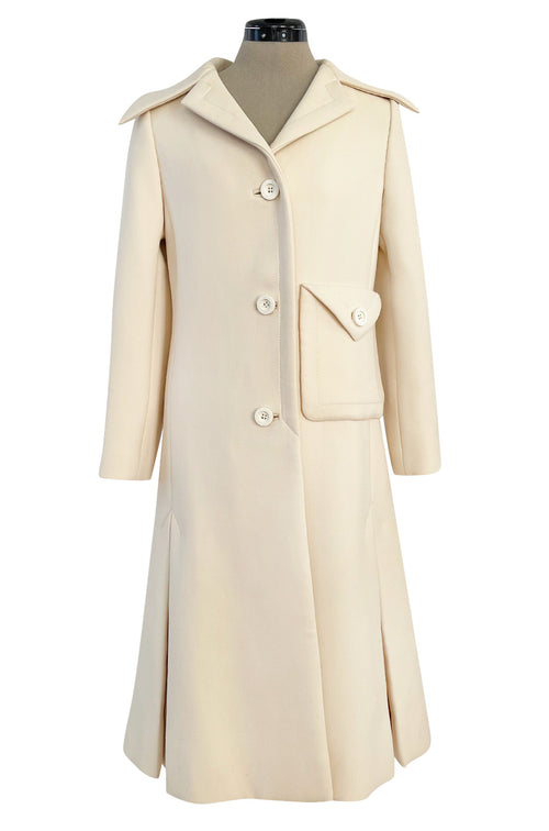 Fabulous 1960s Galanos Ivory Wool Tailored Coat w Front Pocket Detail & Arrow Stitched Seams