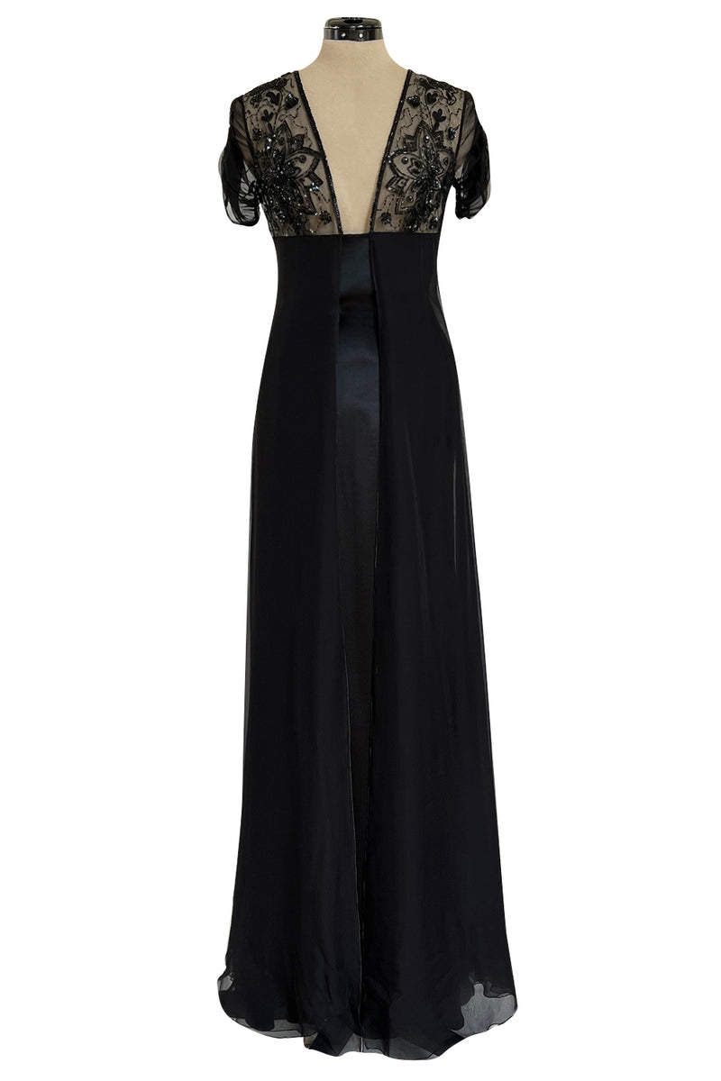 Stunning 1990s Valentino Black Silk Chiffon Dress w Sheer Beaded Net Bodice
