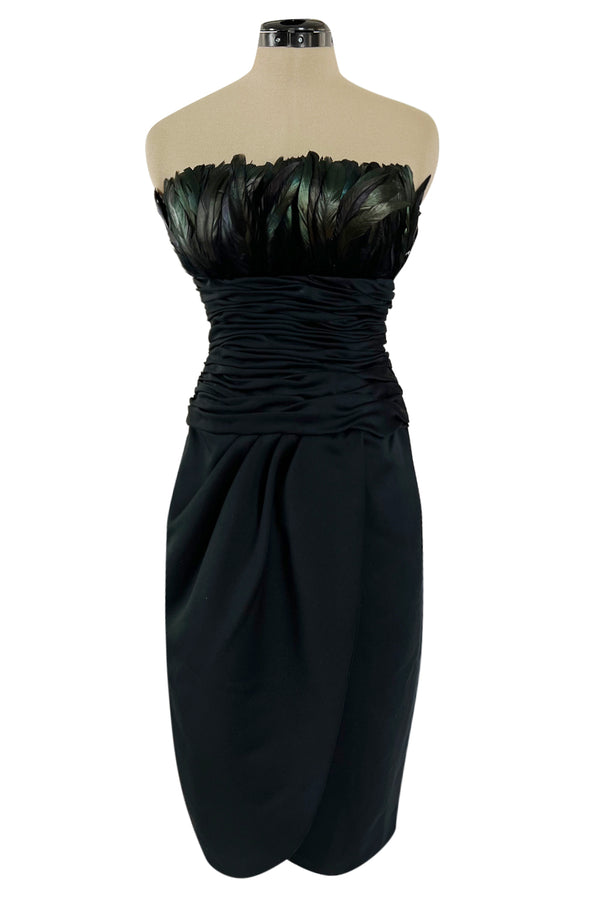 1980s Victor Costa Strapless Jersey Dress w Iridescent Feather Bodice Detail