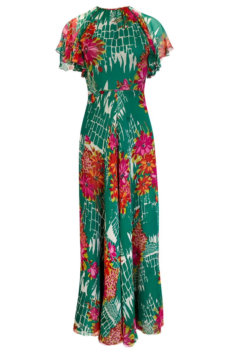 Documented 1973 Scott Barrie Pink & Green Floral Backless Silk Chiffon Dress