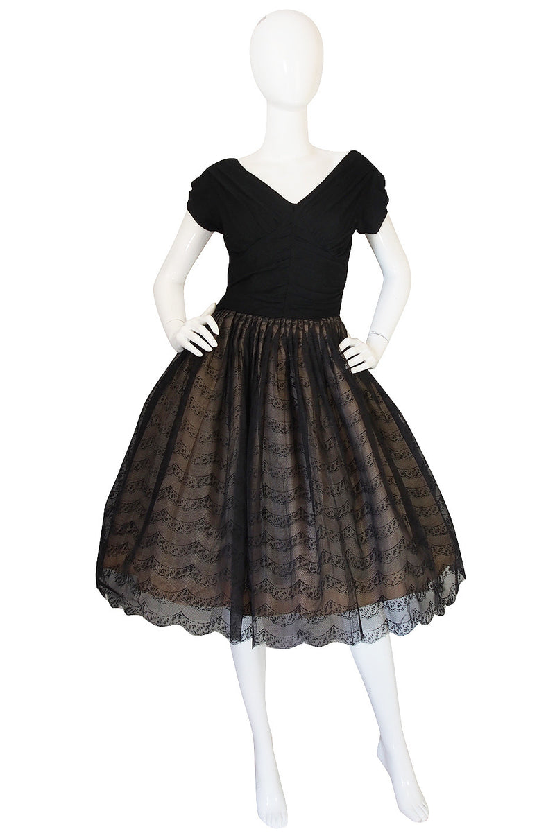 1950s Silk Jersey & Tulle Lace Full Skirted Dress