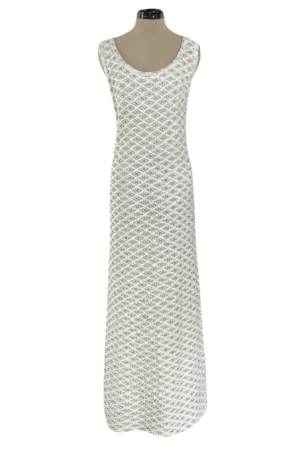 Fabulous 1960s Madeleine de Rauch Haute Couture Pearl White Sequin & Rhinestone Dress